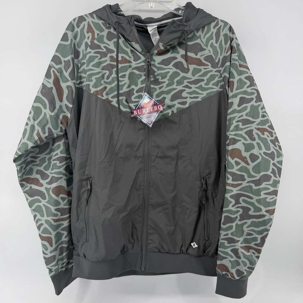 Burlebo Retro Duck Camo Windbreaker Jacket Full Zip Hooded Vented Mens Small